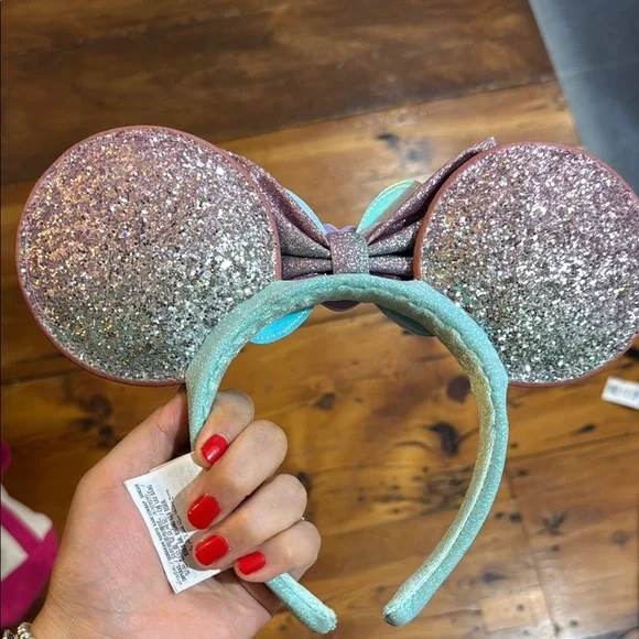 Disney Purple and Blue Little Mermaid Minnie Ears Headband Glitter and Pearls - Picture 2 of 6